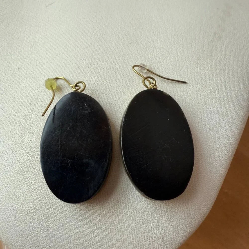LARGE OVAL FAUX BONE GOLD TONE ACCENTS STATEMENT EARRINGS